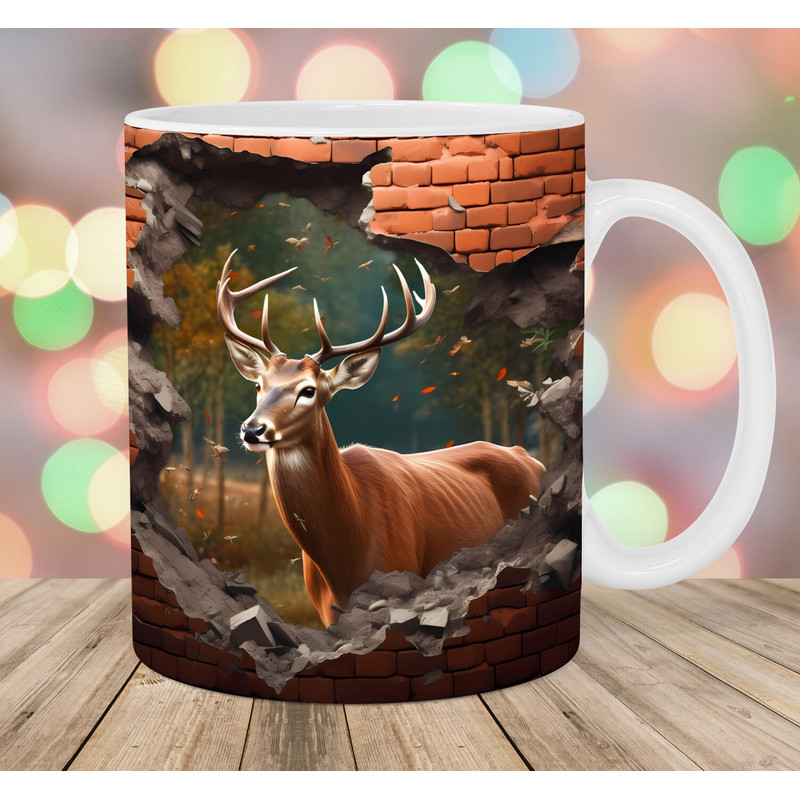 3D Deer Mug Wrap, 11oz & 15oz Mug Template, Brick Mug Sublimation Design, Hole In A Wall Mug Wrap Template, Instant Digital Download PNG.jpg