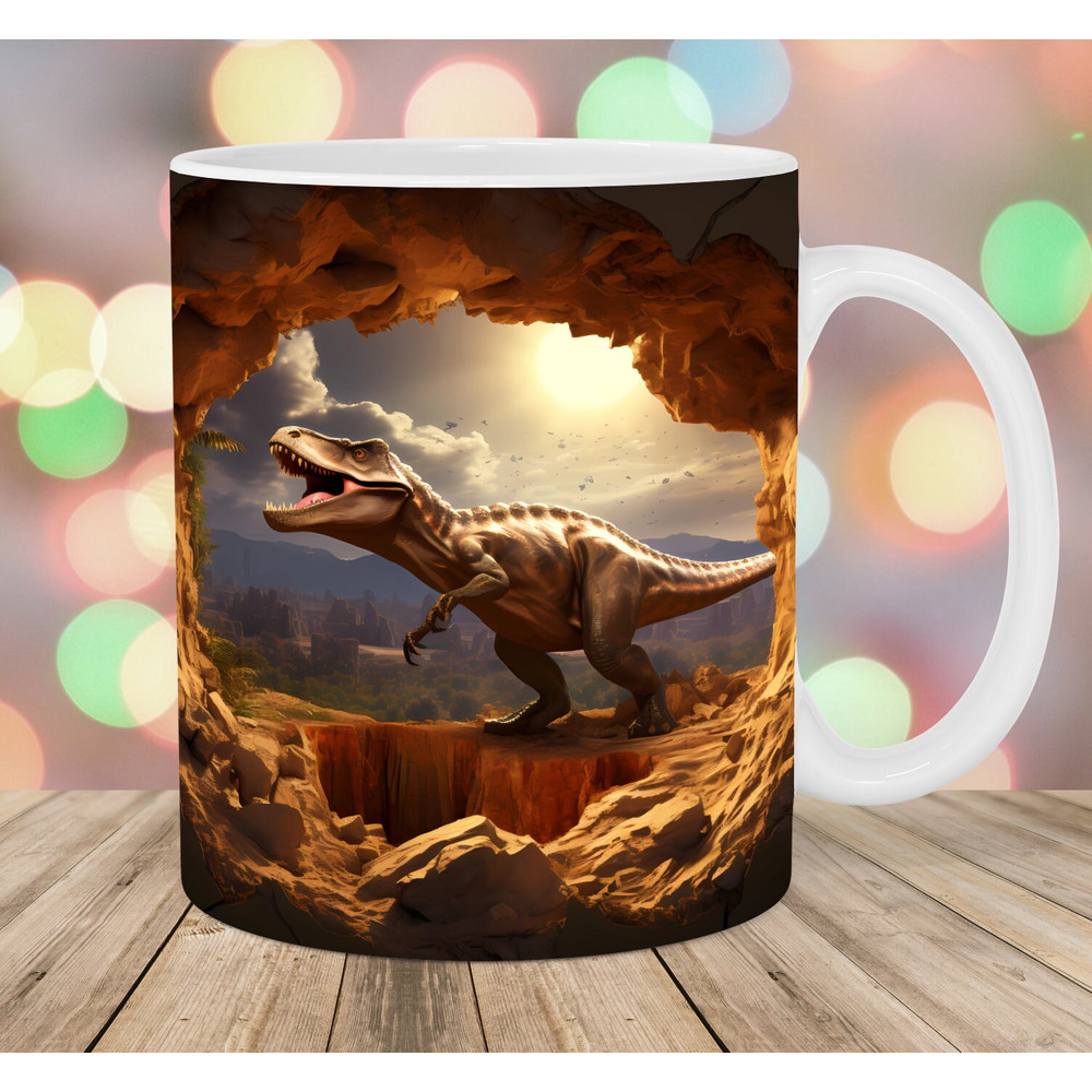 3D Dinosaur Hole In A Wall Mug Wrap, 11oz & 15oz Mug Template, Mug Sublimation Design, Jungle Mug Template, Instant Digital Download PNG.jpg