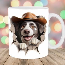 3d dog hole in a wall mug wrap  11oz & 15oz mug template  mug sublimation design  cowboy hat mug wrap template