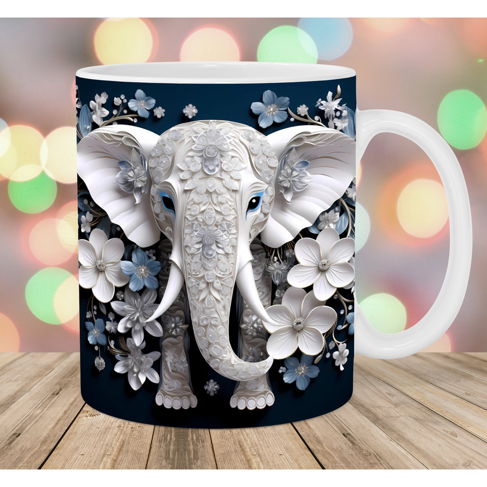3D Elephant Crystal Flowers Mug Wrap, 11oz & 15oz Mug Template, Mug Sublimation Design, Mug Wrap Template, Instant Digital Download PNG.jpg