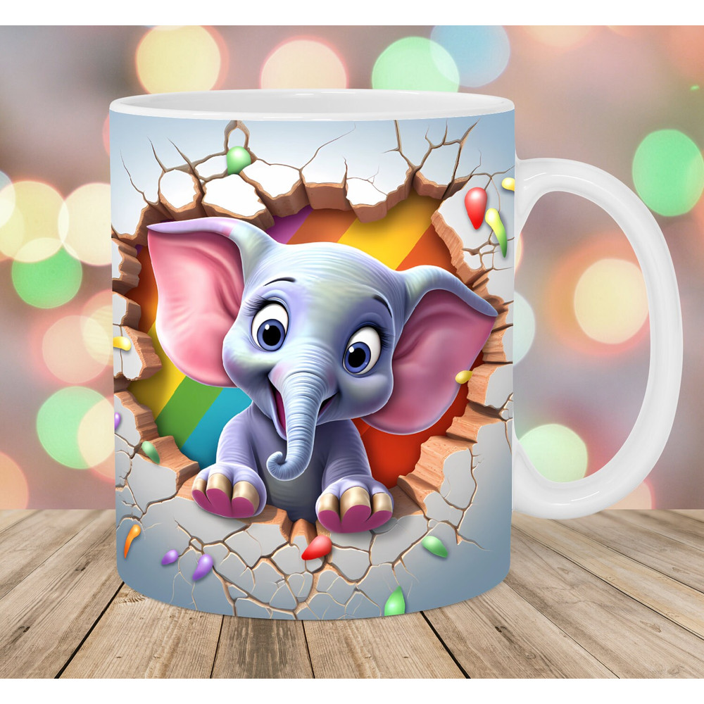 3D Elephant Hole In A Wall Mug Wrap, 11oz & 15oz Mug Template, Mug Sublimation Design, Rainbow Mug Template, Instant Digital Download PNG.jpg