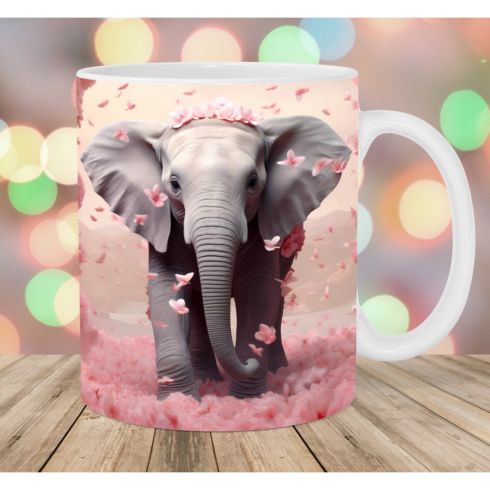 3D Elephant Mug Wrap, 11oz & 15oz Mug Template, Mug Sublimation Design, Pink Flowers Mug Wrap Template, Instant Digital Download PNG.jpg