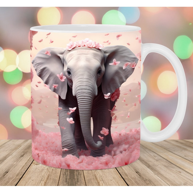 3D Elephant Mug Wrap, 11oz & 15oz Mug Template, Mug Sublimation Design, Pink Flowers Mug Wrap Template, Instant Digital Download PNG.jpg