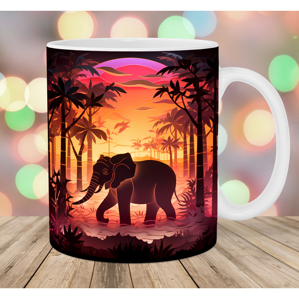 3D Elephant Mug Wrap, 11oz And 15oz Mug Template, Mug Sublimation Design, Sunset Mug Wrap Template, Instant Digital Download PNG.jpg