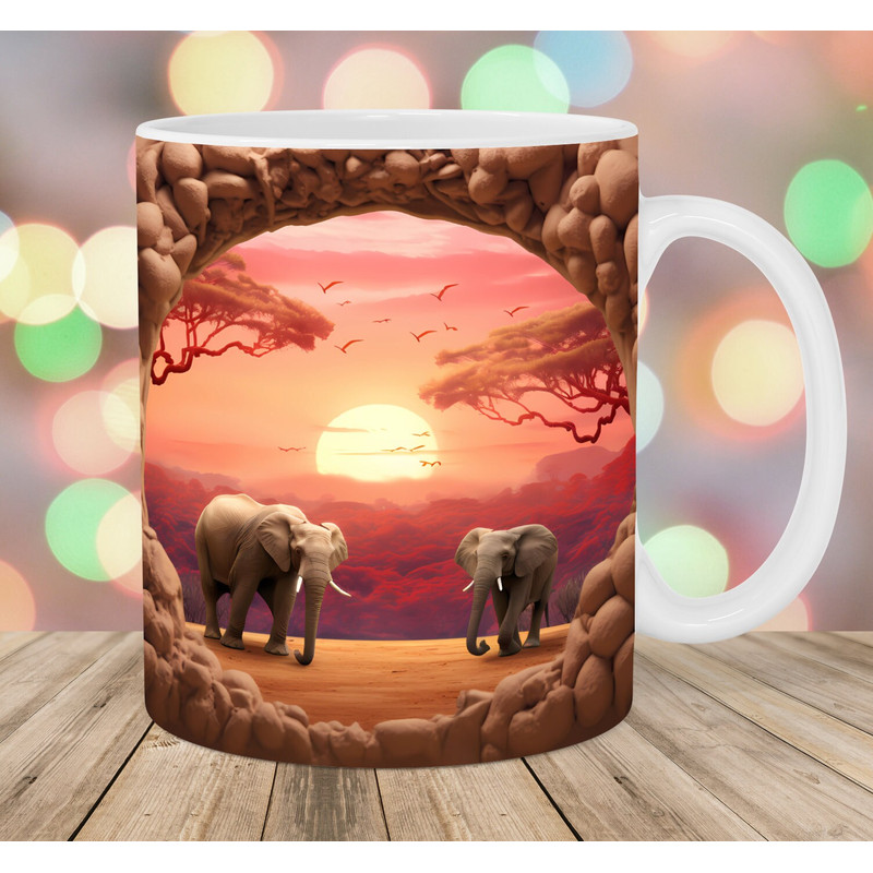 3D Elephants Mug Wrap, 11oz & 15oz Mug Template, Mug Sublimation Design, Hole In A Wall Mug Wrap Template, Instant Digital Download PNG.jpg