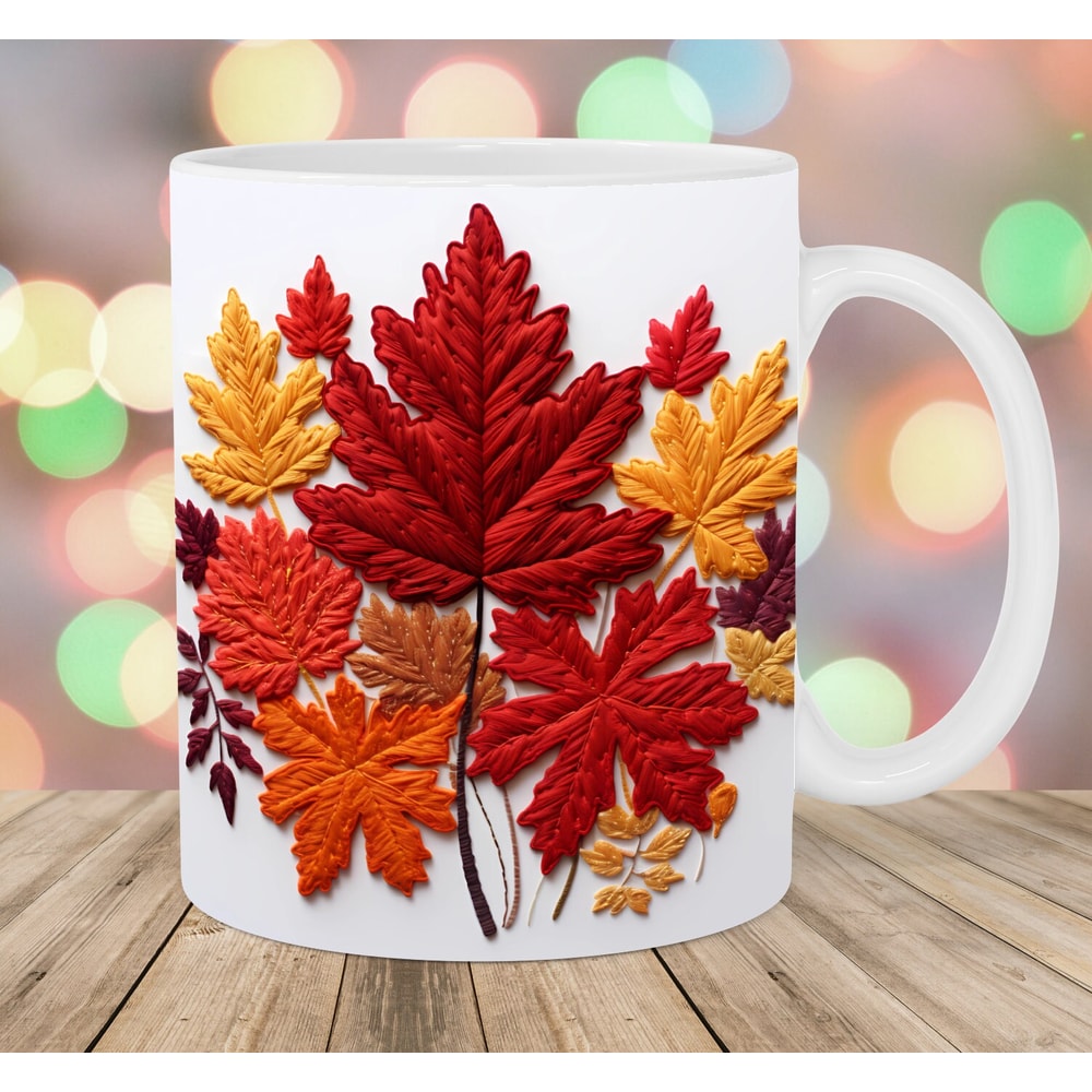 3D Embroidered Autumn Leaves Mug Wrap, 11oz And 15oz Mug Template, Mug Sublimation Design, Mug Wrap Template, Instant Digital Download PNG.jpg