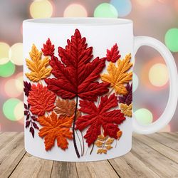 3d embroidered autumn leaves mug wrap  11oz and 15oz mug template  mug sublimation design  mug wrap template