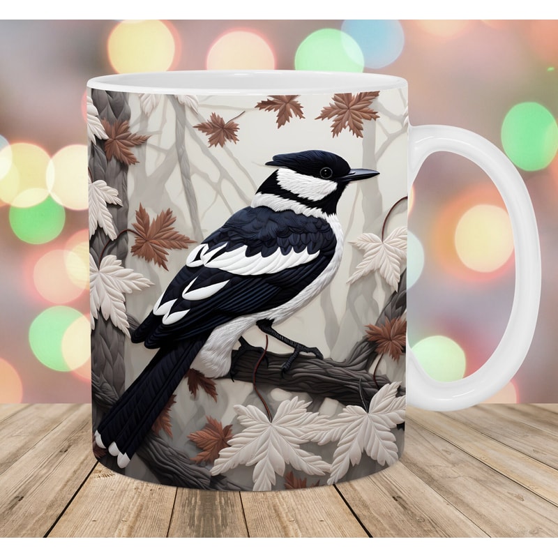 3D Embroidered Autumn Magpie Mug Wrap, 11oz And 15oz Mug Template, Mug Sublimation Design, Mug Wrap Template, Instant Digital Download PNG.jpg