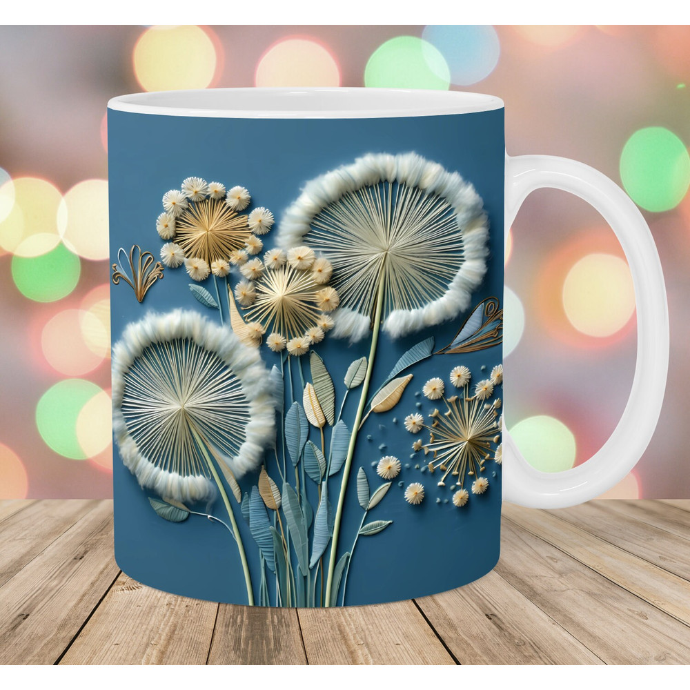 3D Embroidered Dandelions Mug Wrap, 11oz & 15oz Mug Template, Mug Sublimation Design, Mug Wrap Template, Instant Digital Download PNG.jpg