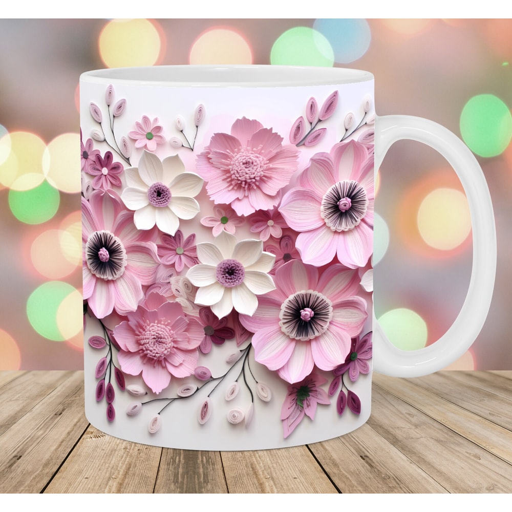 3D Embroidered Flowers Mug Wrap, 11oz And 15oz Mug Template, Floral Mug Sublimation Design, Mug Wrap Template, Instant Digital Download PNG.jpg