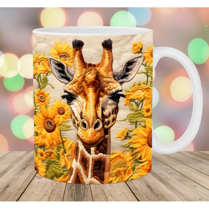 3D Embroidered Giraffe Mug Wrap, 11oz & 15oz Mug Template, Mug Sublimation Design, Sunflower Mug Wrap Template, Instant Digital Download PNG.jpg