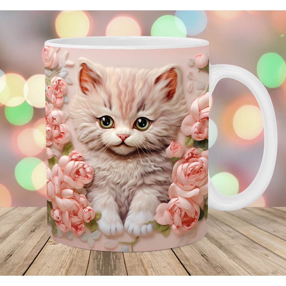 3D Embroidered Kitten Mug Wrap, 11oz And 15oz Mug Template, Mug Sublimation Design, Flowers Mug Wrap Template, Instant Digital Download PNG.jpg