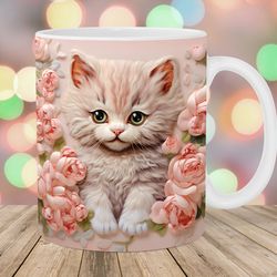 3d embroidered kitten mug wrap  11oz and 15oz mug template  mug sublimation design  flowers mug wrap template