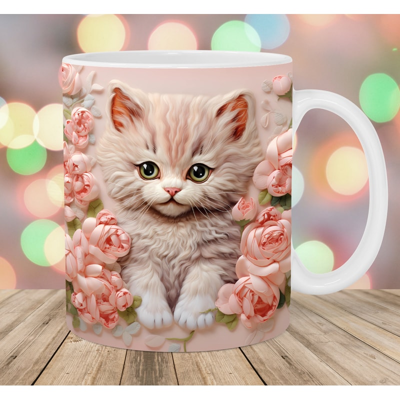 3D Embroidered Kitten Mug Wrap, 11oz And 15oz Mug Template, Mug Sublimation Design, Flowers Mug Wrap Template, Instant Digital Download PNG.jpg