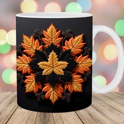 3d embroidered maple leaves mug wrap  11oz and 15oz mug template  mug sublimation design  mug wrap template