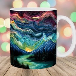 3d embroidered northern lights mug wrap  11oz and 15oz mug template  mug sublimation design  mug wrap template