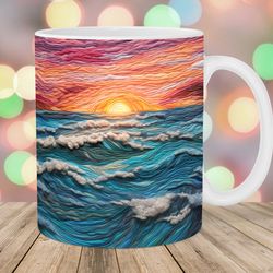 3d embroidered ocean sunset mug wrap  11oz and 15oz mug template  mug sublimation design  mug wrap template