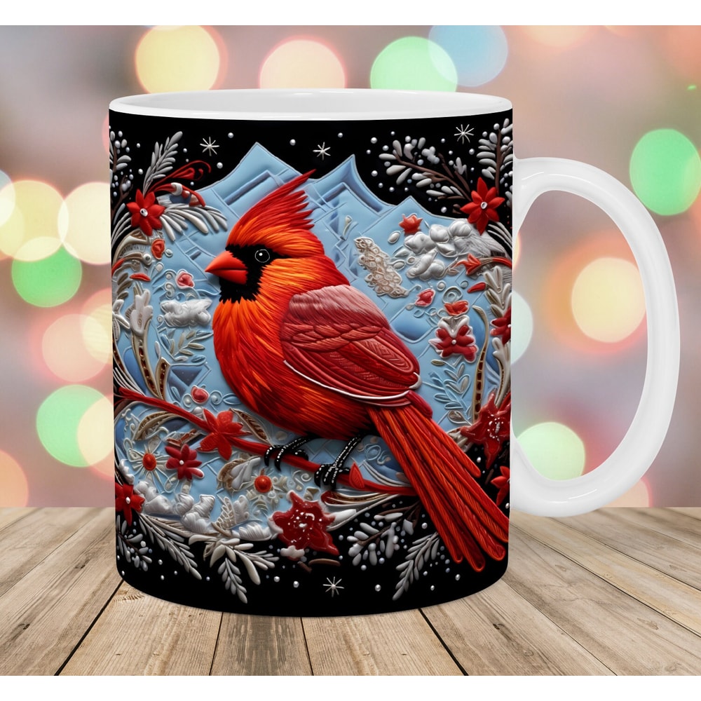 3D Embroidered Red Cardinal Mug Wrap, 11oz And 15oz Mug Template, Mug Sublimation Design, Mug Wrap Template, Instant Digital Download PNG.jpg