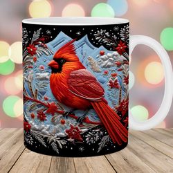 3d embroidered red cardinal mug wrap  11oz and 15oz mug template  mug sublimation design  mug wrap template