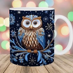 3d embroidered winter owl mug wrap  11oz and 15oz mug template  mug sublimation design  mug wrap template