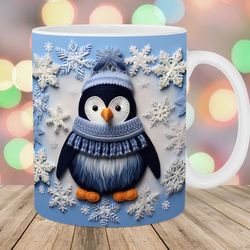 3D Embroidered Winter Penguin Mug Wrap  11oz And 15oz Mug Template  Mug Sublimation Design  Mug Wrap Template