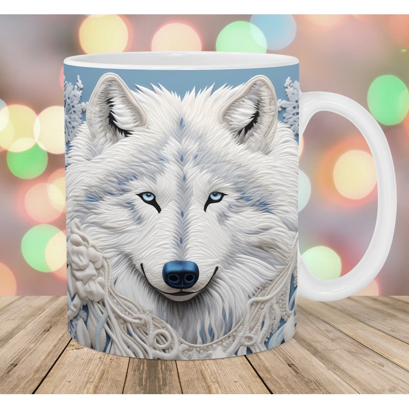 3D Embroidered Winter White Wolf Mug Wrap, 11oz & 15oz Mug Template, Mug Sublimation Design, Mug Wrap Template, Instant Digital Download PNG.jpg