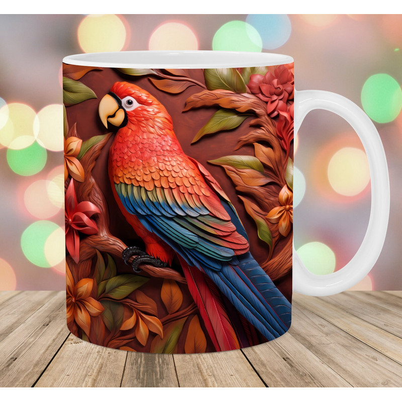 3D Engraved Leather Parrot Mug Wrap, 11oz And 15oz Mug Template, 3D Mug Sublimation Design, Mug Wrap Template, Instant Digital Download PNG.jpg