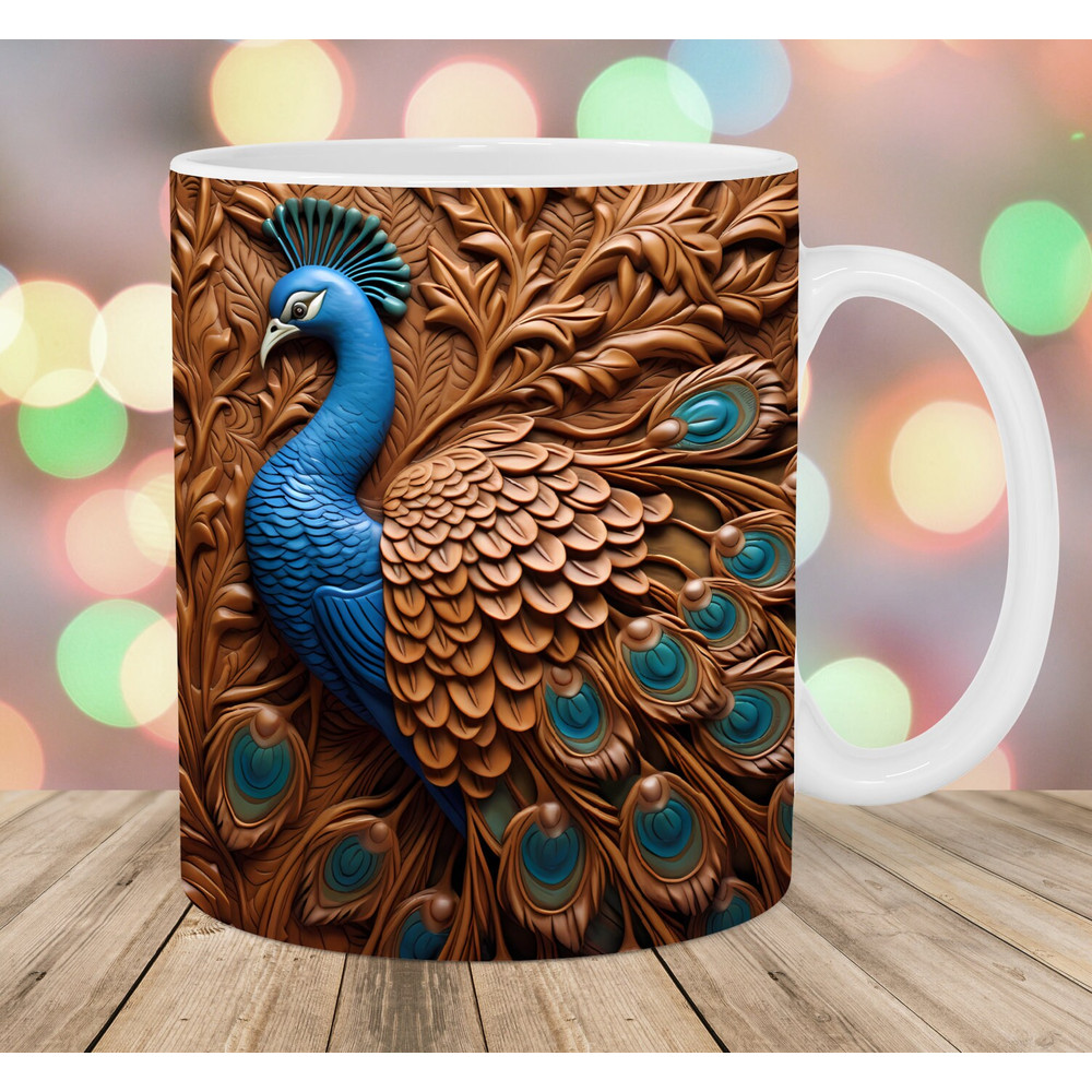 3D Engraved Leather Peacock Mug Wrap, 11oz & 15oz Mug Template, Mug Sublimation Design, Mug Wrap Template, Instant Digital Download PNG.jpg