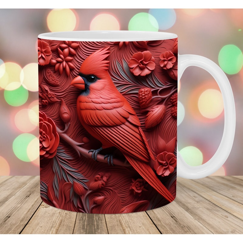 3D Engraved Leather Red Cardinal Bird Mug Wrap, 11oz & 15oz Mug Template, Mug Sublimation Design, Mug Wrap Template, Digital Download PNG.jpg