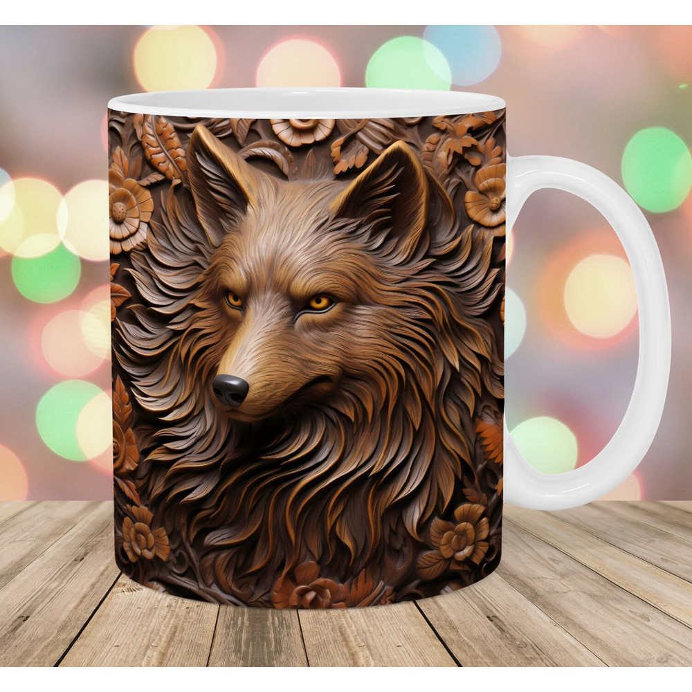 3D Engraved Leather Wolf Mug Wrap, 11oz & 15oz Mug Template, Mug Sublimation Design, Mug Wrap Template, Instant Digital Download PNG.jpg