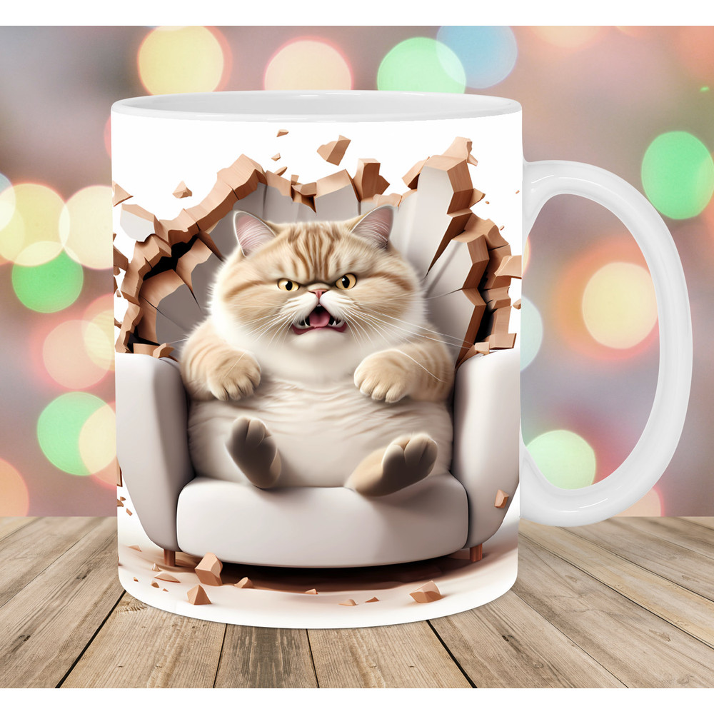 3D Fat Cat In Armchair Mug Wrap, 11oz & 15oz Mug Template, Mug Sublimation Design, Kitten Mug Wrap Template, Instant Digital Download PNG.jpg