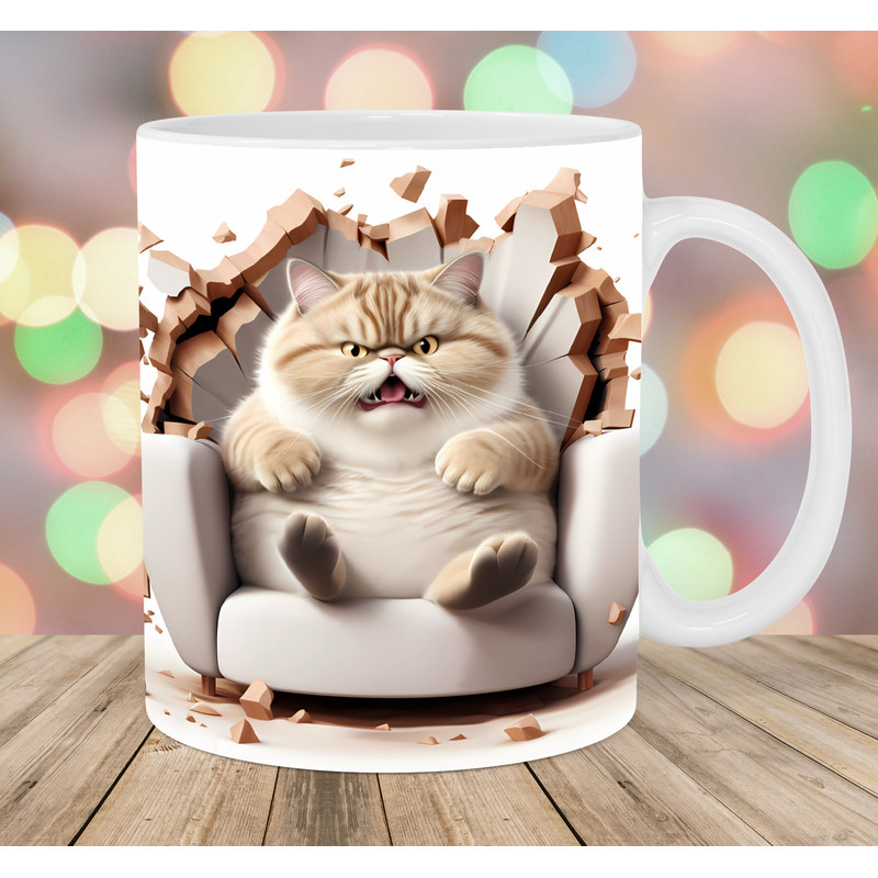 3D Fat Cat In Armchair Mug Wrap, 11oz & 15oz Mug Template, Mug Sublimation Design, Kitten Mug Wrap Template, Instant Digital Download PNG.jpg