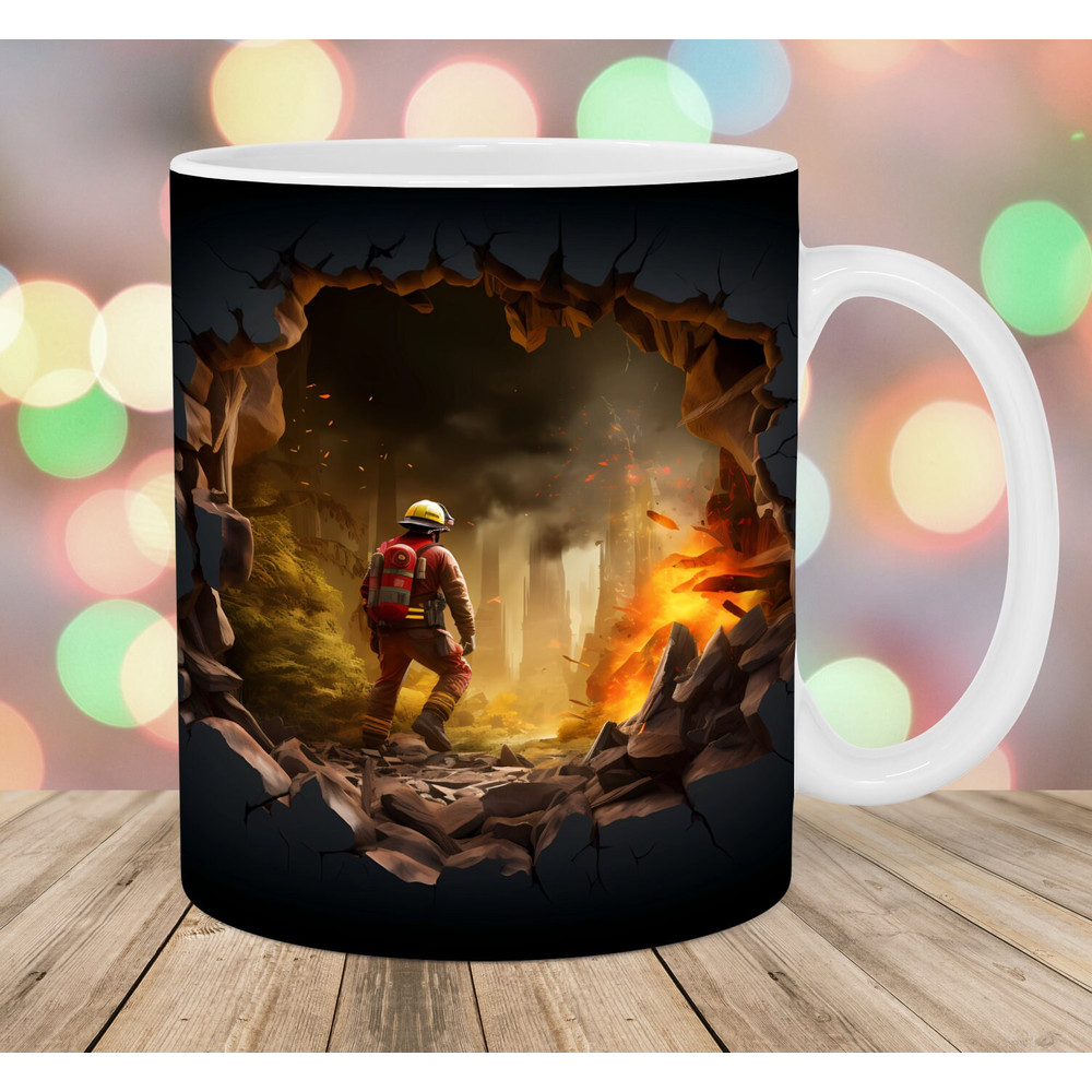 3D Fireman Mug Wrap, 11oz & 15oz Mug Template, Hole In A Wall Mug Sublimation Design, Forest Mug Wrap Template, Instant Digital Download PNG.jpg