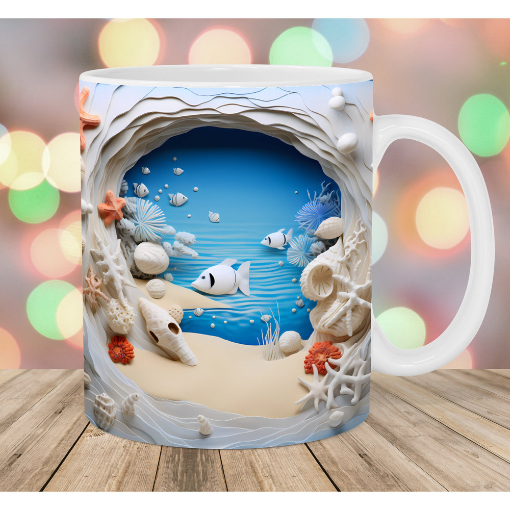 3D Fish Hole In A Wall Mug Wrap, 11oz & 15oz Mug Template, Seashells Mug Sublimation Design, Ocean Mug Wrap Template, Digital Download PNG.jpg
