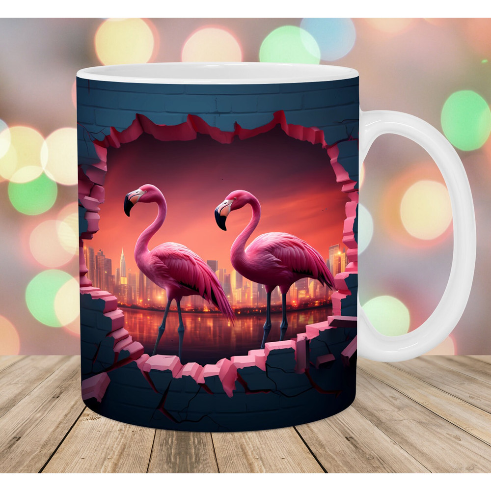 3D Flamingos Mug Wrap, 11oz & 15oz Mug Template, Hole In A Wall Mug Sublimation Design, City Mug Wrap Template, Instant Digital Download PNG.jpg