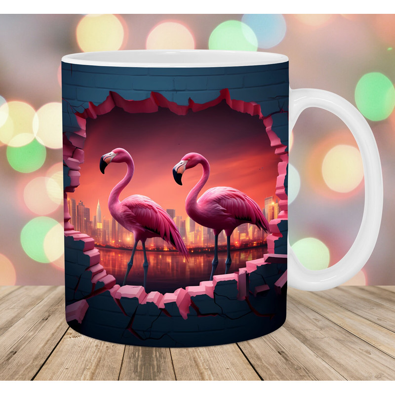 3D Flamingos Mug Wrap, 11oz & 15oz Mug Template, Hole In A Wall Mug Sublimation Design, City Mug Wrap Template, Instant Digital Download PNG.jpg
