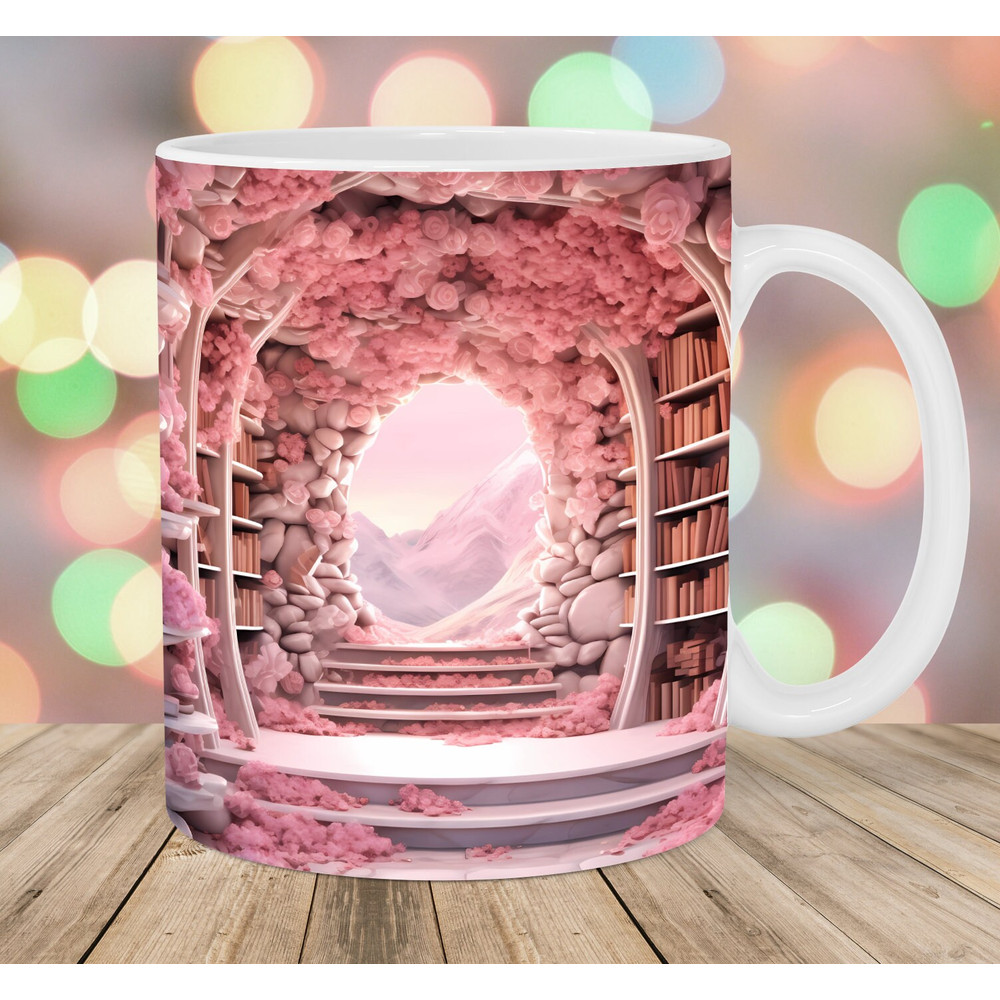 3D Book Mug Wrap, 11oz And 15oz Mug Template, Hole In A Wall Mug Sublimation Design, Pink Flowers Mug Template, Instant Digital Download PNG.jpg