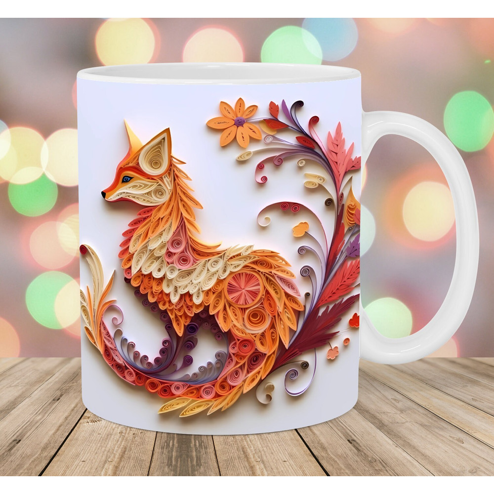 3D Fox Mug Wrap, 11oz And 15oz Mug Template, Flowers Mug Sublimation Design, Leaves Mug Wrap Template, Instant Digital Download PNG.jpg