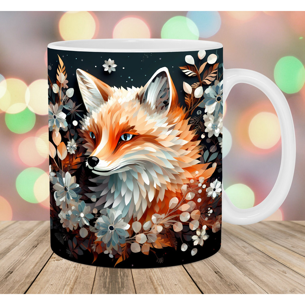 3D Flowers Fox Mug Wrap, 11oz And 15oz Mug Template, Mug Sublimation Design, Mug Wrap Template, Instant Digital Download PNG.jpg