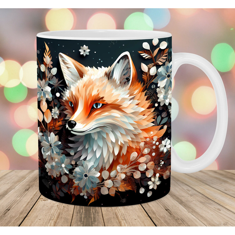 3D Flowers Fox Mug Wrap, 11oz And 15oz Mug Template, Mug Sublimation Design, Mug Wrap Template, Instant Digital Download PNG.jpg