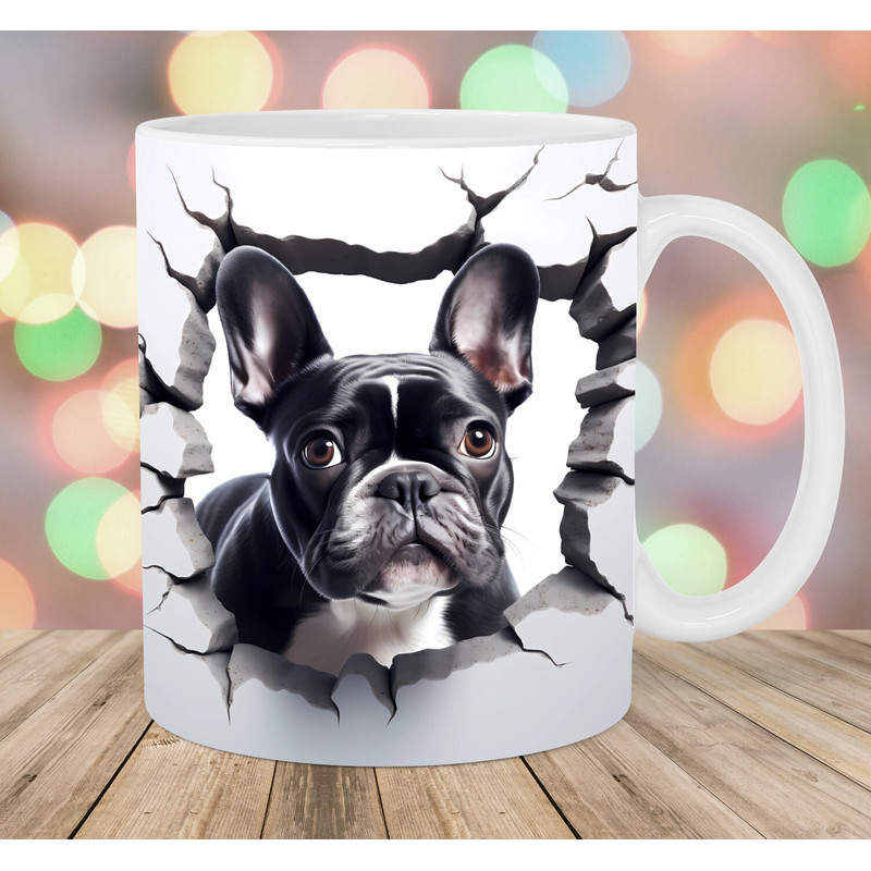 3D French Bulldog Hole In A Wall Mug Wrap, 11oz & 15oz Mug Template, Mug Sublimation Design, Mug Wrap Template, Instant Digital Download PNG.jpg