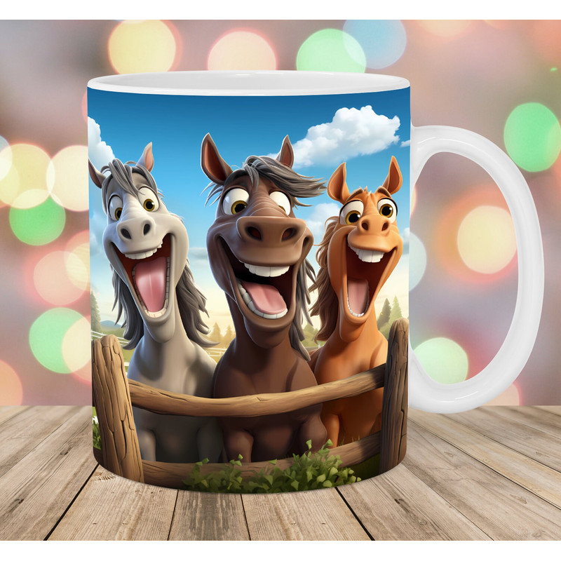 3D Funny Horses Mug Wrap, 11oz And 15oz Mug Template, Mug Sublimation Design, Mug Wrap Template, Instant Digital Download PNG.jpg