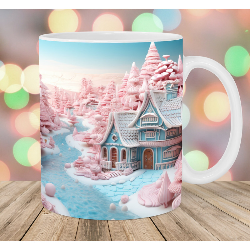 3D Gingerbread House Mug Wrap, 11oz & 15oz Mug Template, Mug Sublimation Design, Pink Blue Mug Wrap Template, Instant Digital Download PNG.jpg