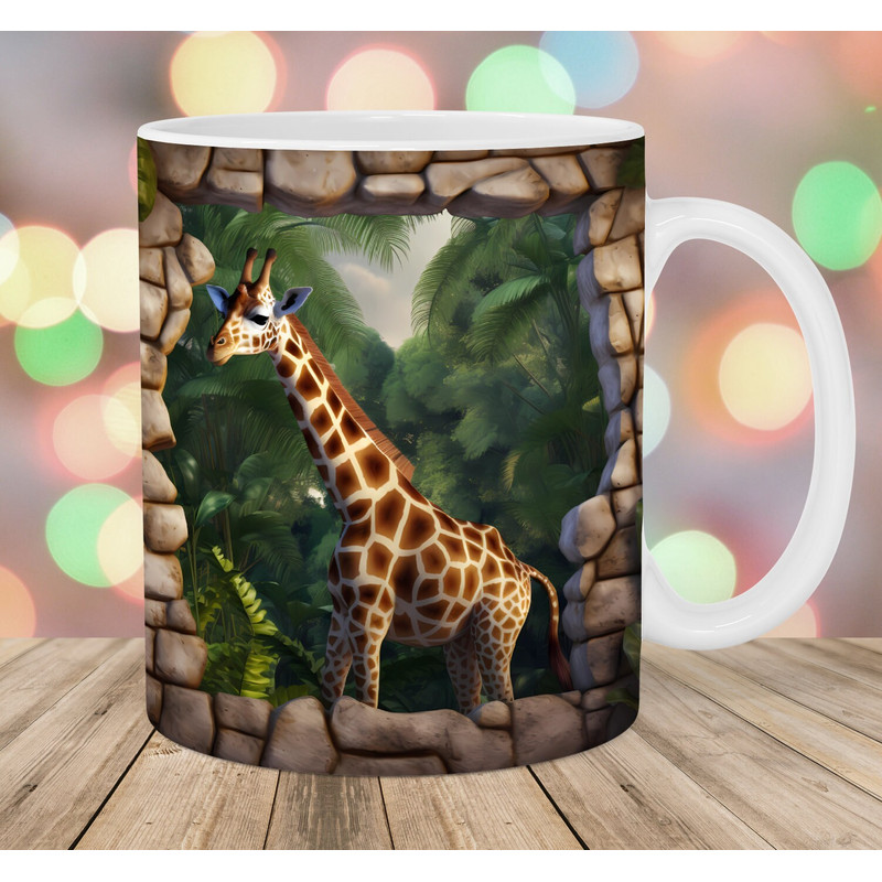 3D Giraffe Mug Wrap, 11oz & 15oz Mug Template, Jungle Mug Sublimation Design, Hole In A Wall Mug Wrap Template, Instant Digital Download PNG.jpg