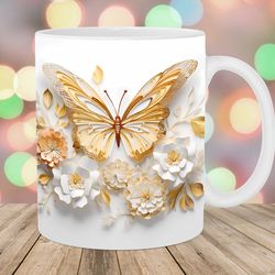3d gold butterfly flowers mug wrap  11oz and 15oz mug template  mug sublimation design  mug wrap template