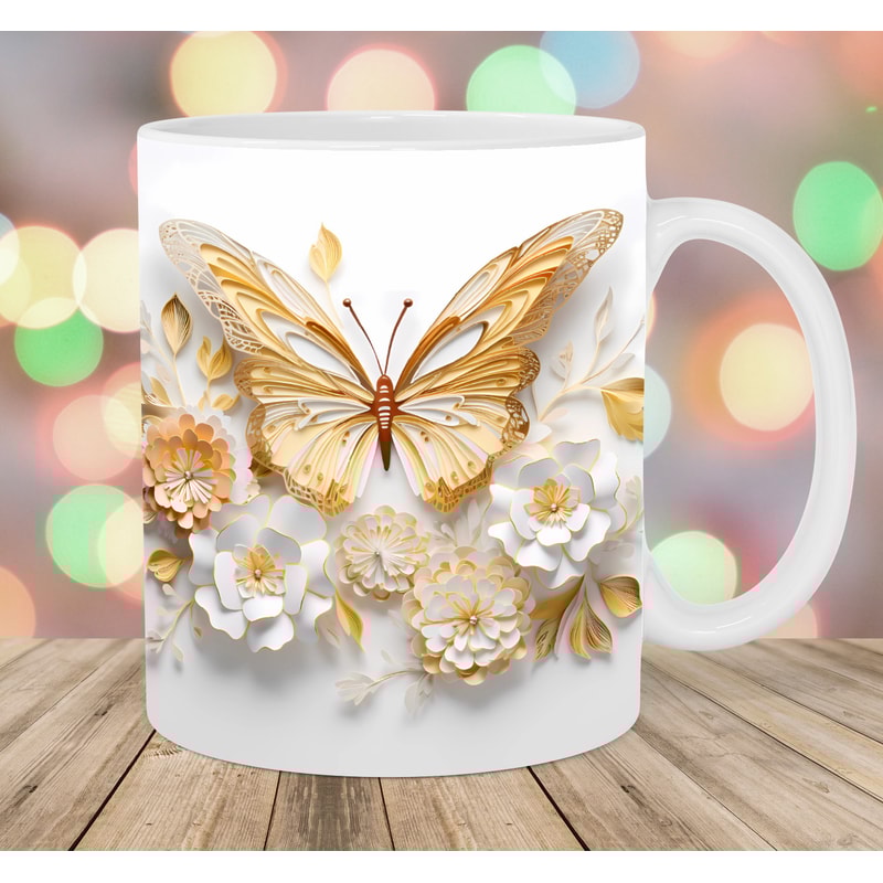 3D Gold Butterfly Flowers Mug Wrap, 11oz And 15oz Mug Template, Mug Sublimation Design, Mug Wrap Template, Instant Digital Download PNG.jpg