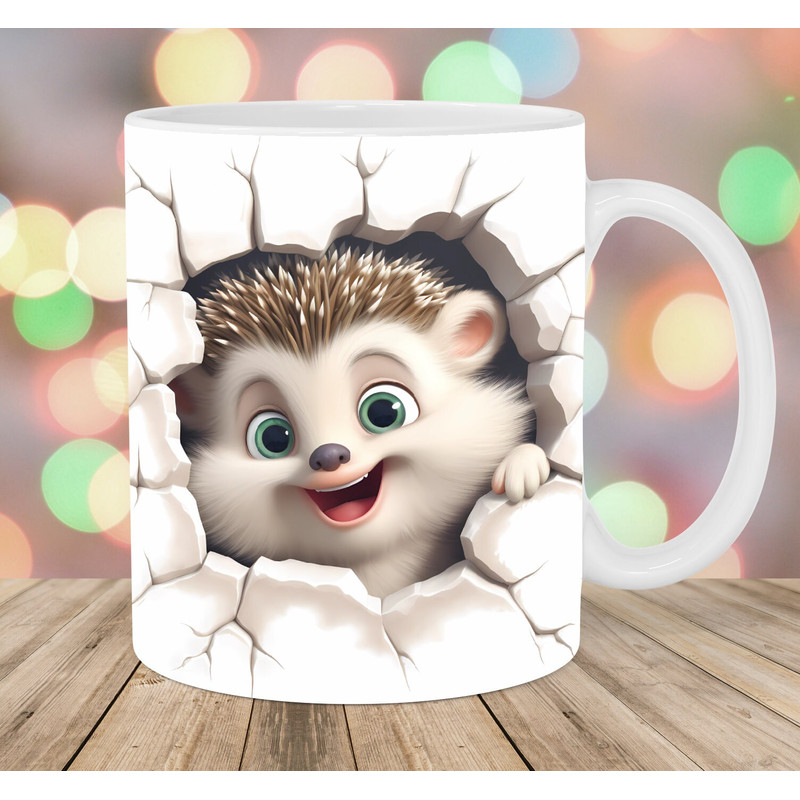 3D Hedgehog Mug Wrap, 11oz & 15oz Mug Template, Mug Sublimation Design, Hole In A Wall Mug Wrap Template, Instant Digital Download PNG.jpg