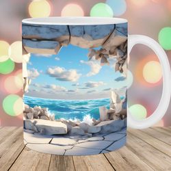 3d hole in a wall ocean landscape mug wrap 11oz and 15oz mug template mug sublimation design mug wrap template digit