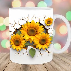 3d hole in a wall sunflowers mug wrap 11oz & 15oz mug template mug sublimation design mug wrap template
