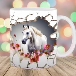 3d horse hole in a wall mug wrap 11oz & 15oz mug template mug sublimation design flowers mug wrap template